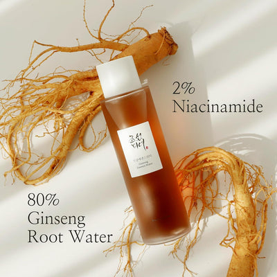 Bottle of 80% Ginseng Root Water with 2% Niacinamide on a light background